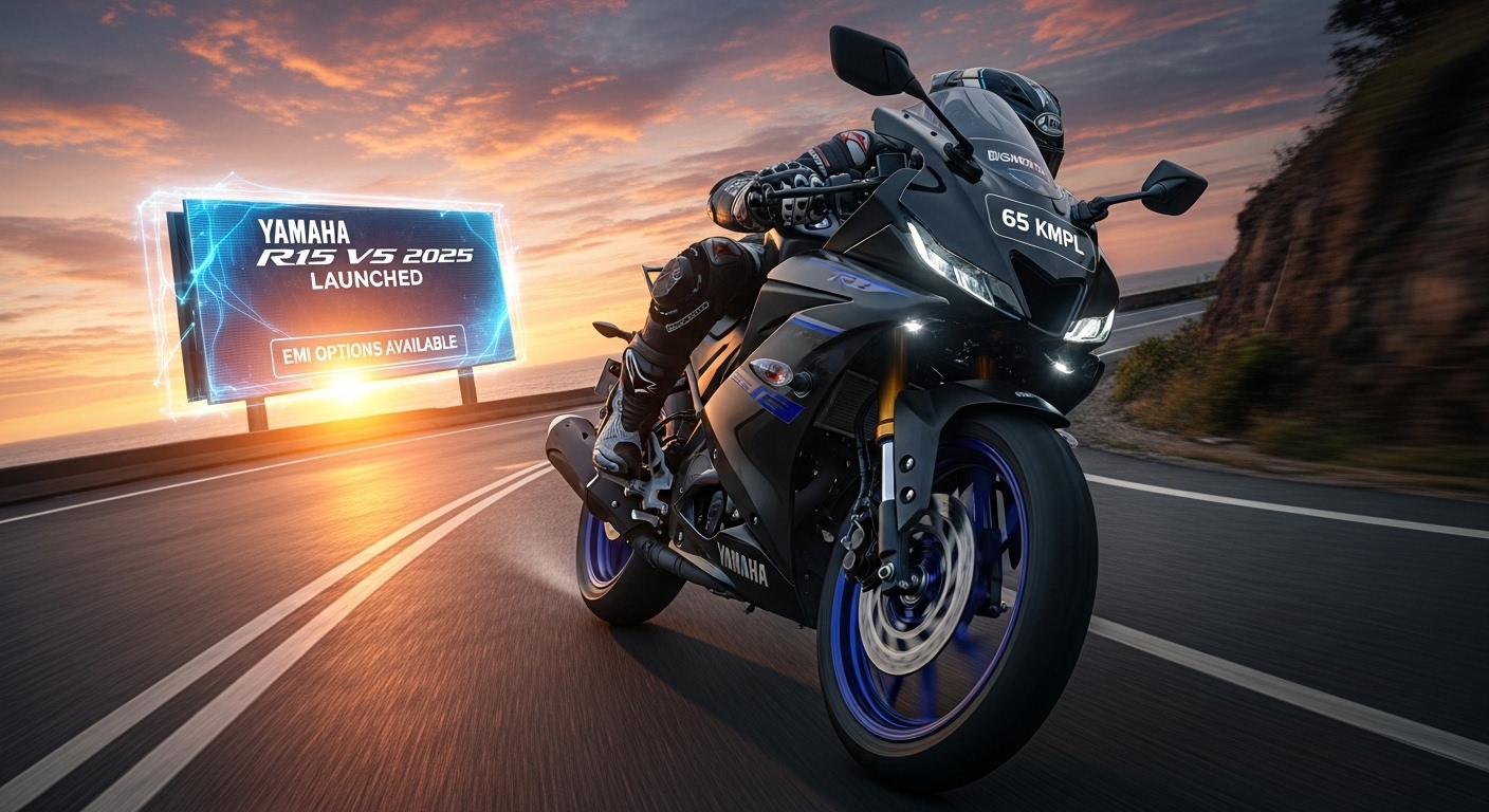 Yamaha R15 V5 2025 Launched â Aggressive Design, 65 KMPL Mileage & EMI